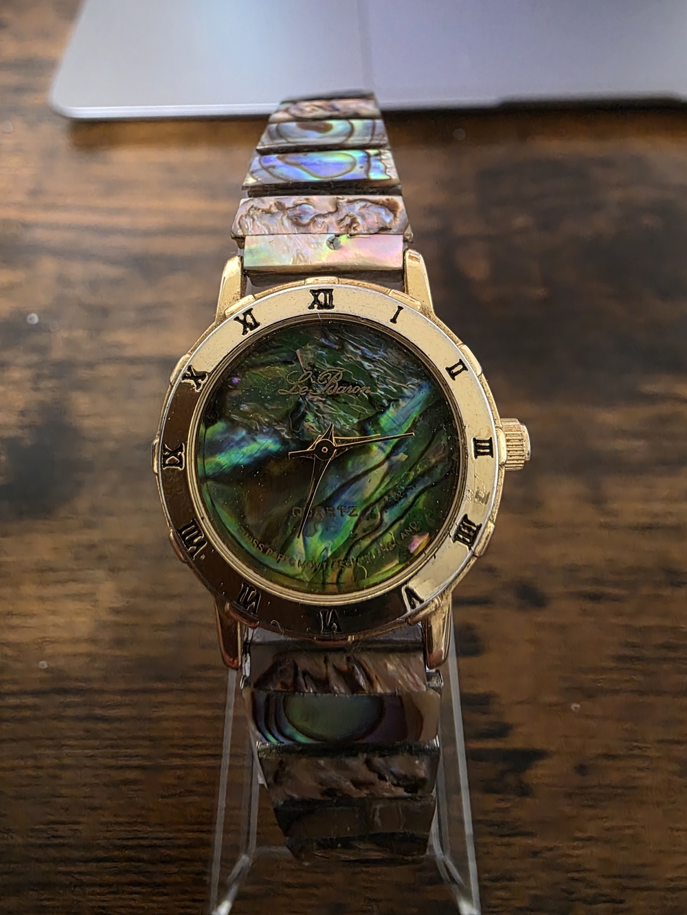 LE Baron Women's Gold Tone Watch with Iridescent Abalone Dial and Band